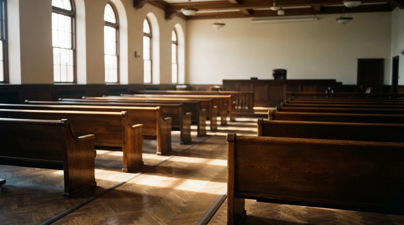 Una sala de tribunal vacía con bancos de madera a la luz de la mañana