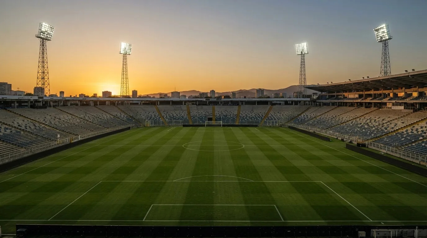 Un estadio de fútbol vacío con torres de iluminación al atardecer