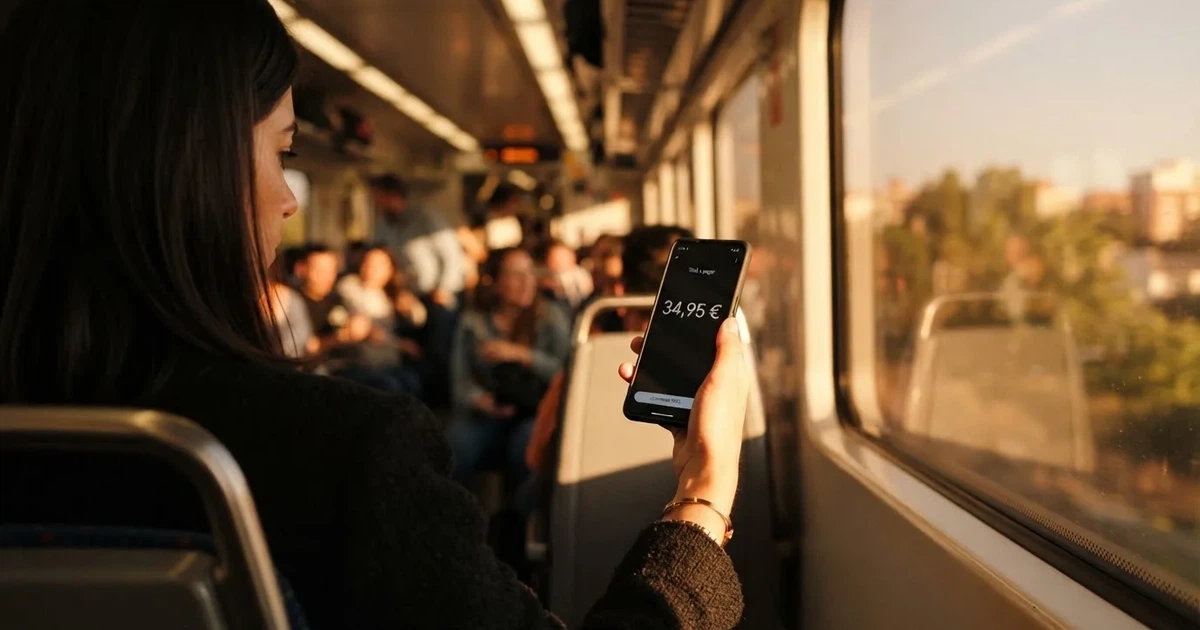 Una mano sostiene un móvil en el tren por la tarde, con la pantalla girada