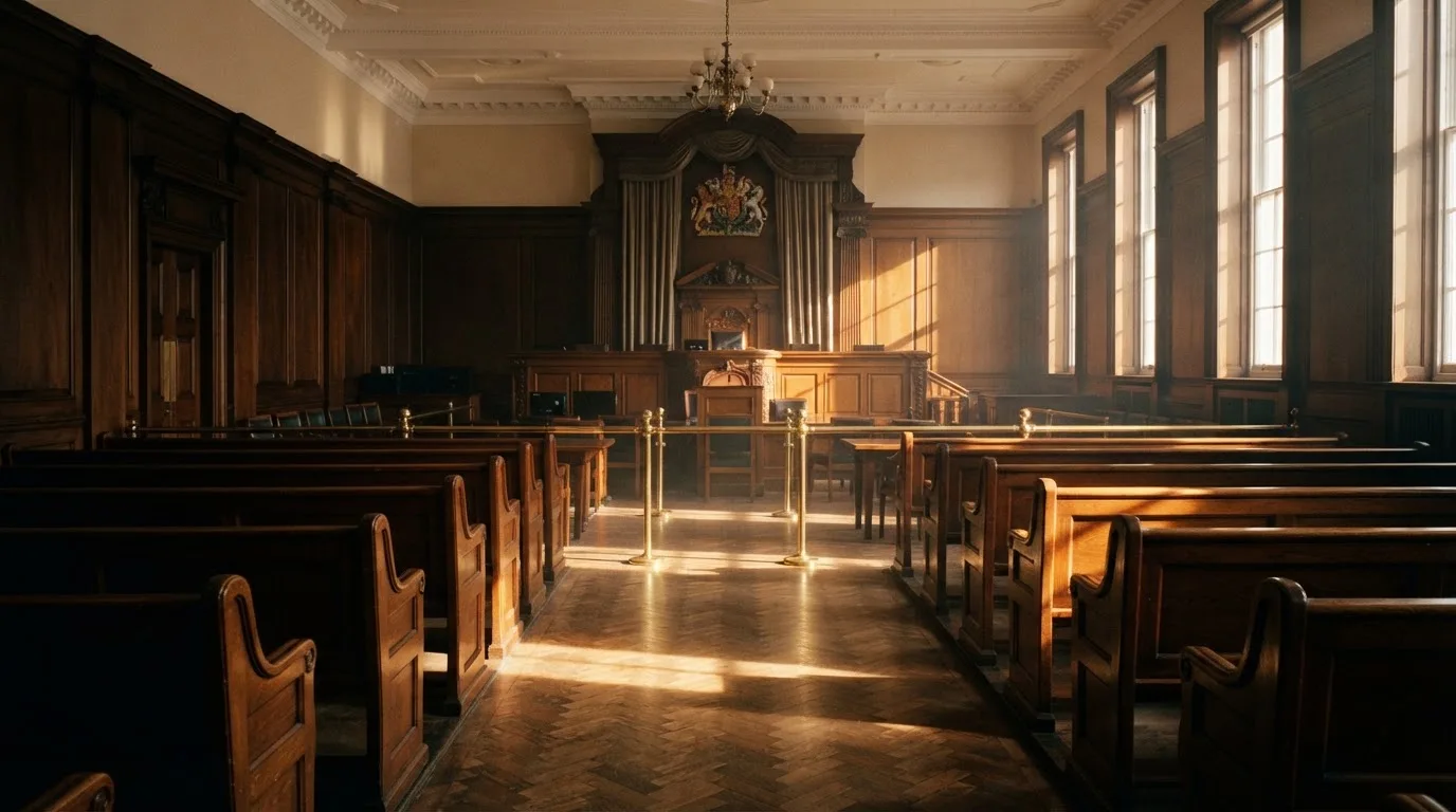 Una sala de tribunal vacía con bancos de madera a la luz de la mañana