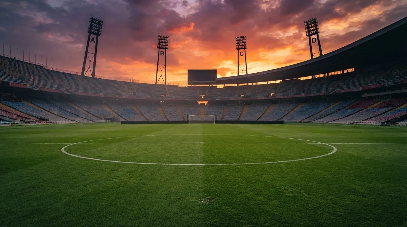 Un estadio de fútbol vacío con torres de iluminación al atardecer