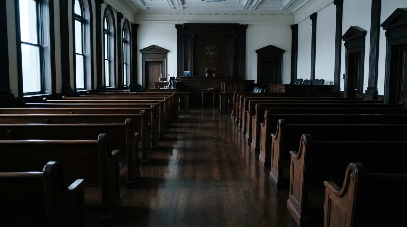 Una sala de tribunal vacía con bancos de madera a la luz de la mañana