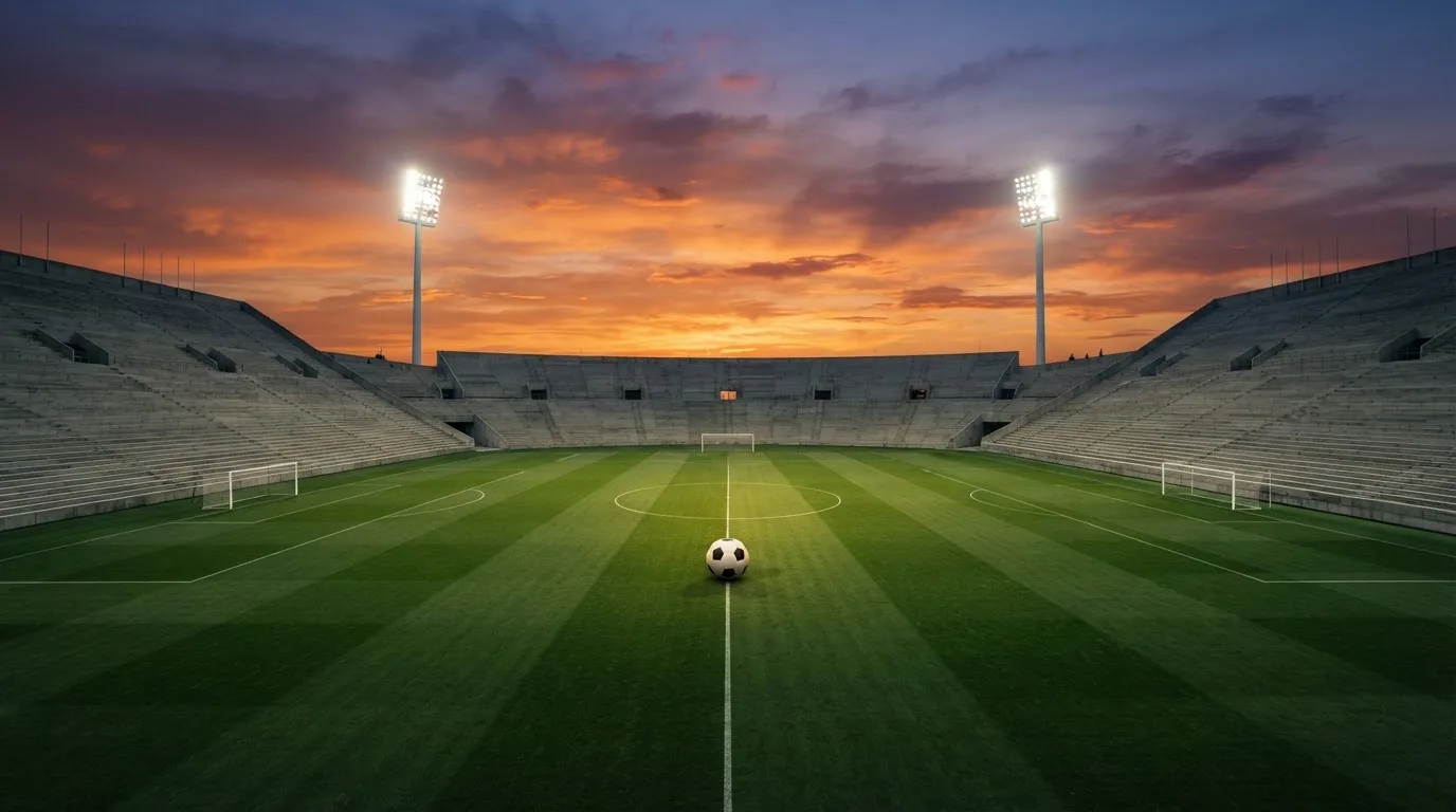 Un estadio de fútbol vacío con torres de iluminación al atardecer