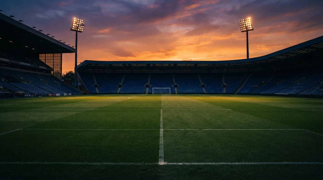 Un estadio de fútbol vacío con torres de iluminación al atardecer