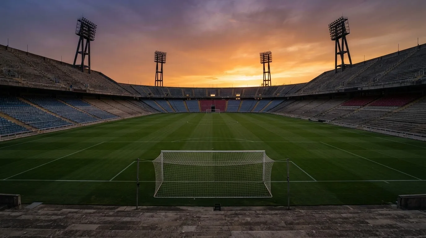 Un estadio de fútbol vacío con torres de iluminación al atardecer