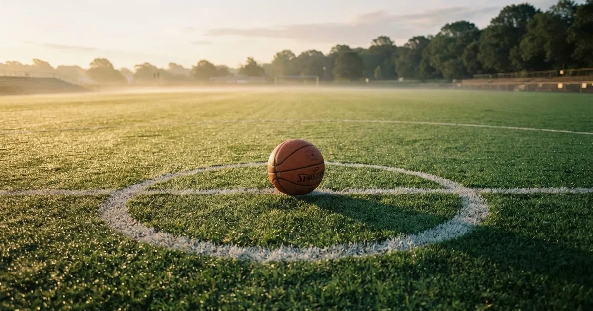 Un balón en el punto central de un campo de césped a la luz de la mañana