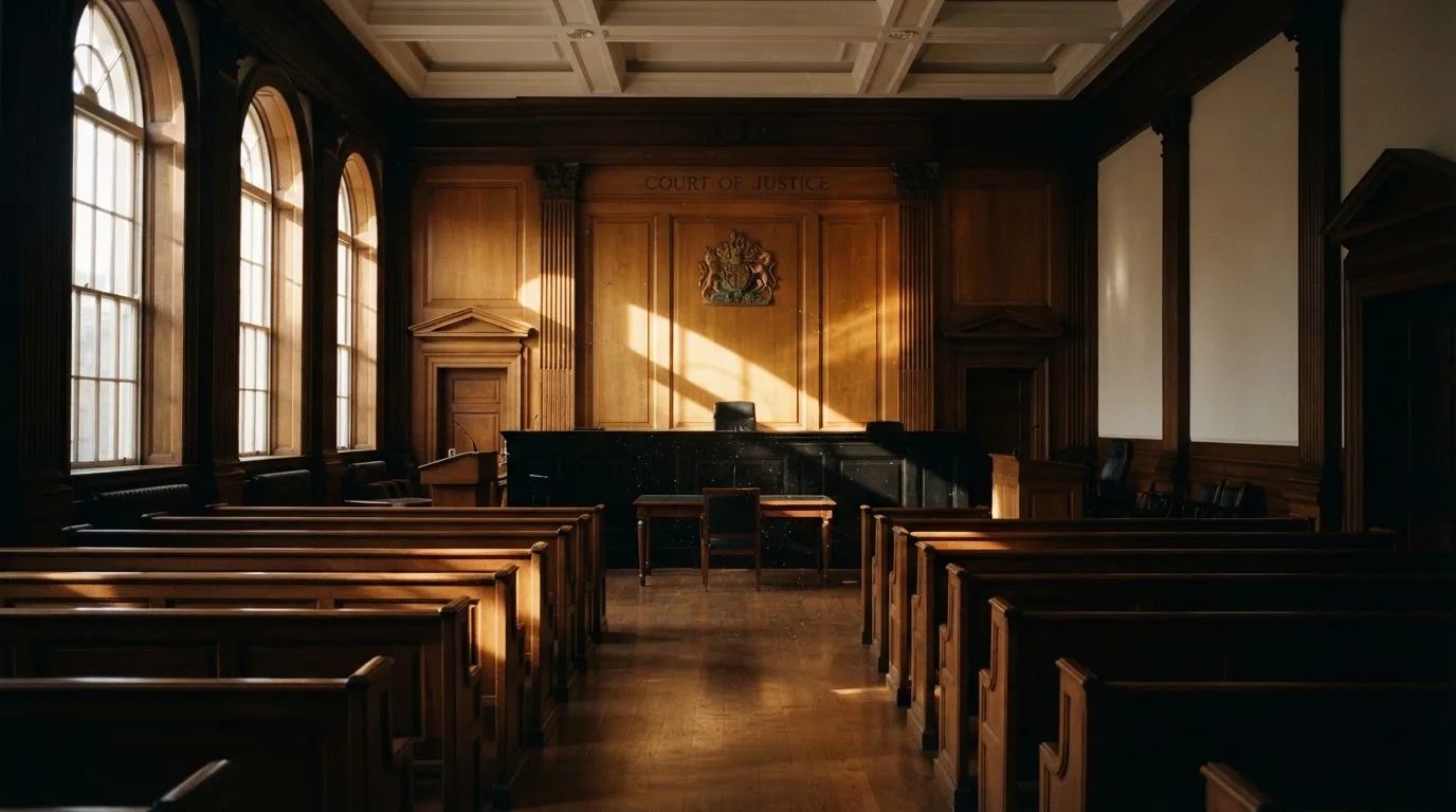 Una sala de tribunal vacía con bancos de madera a la luz de la mañana