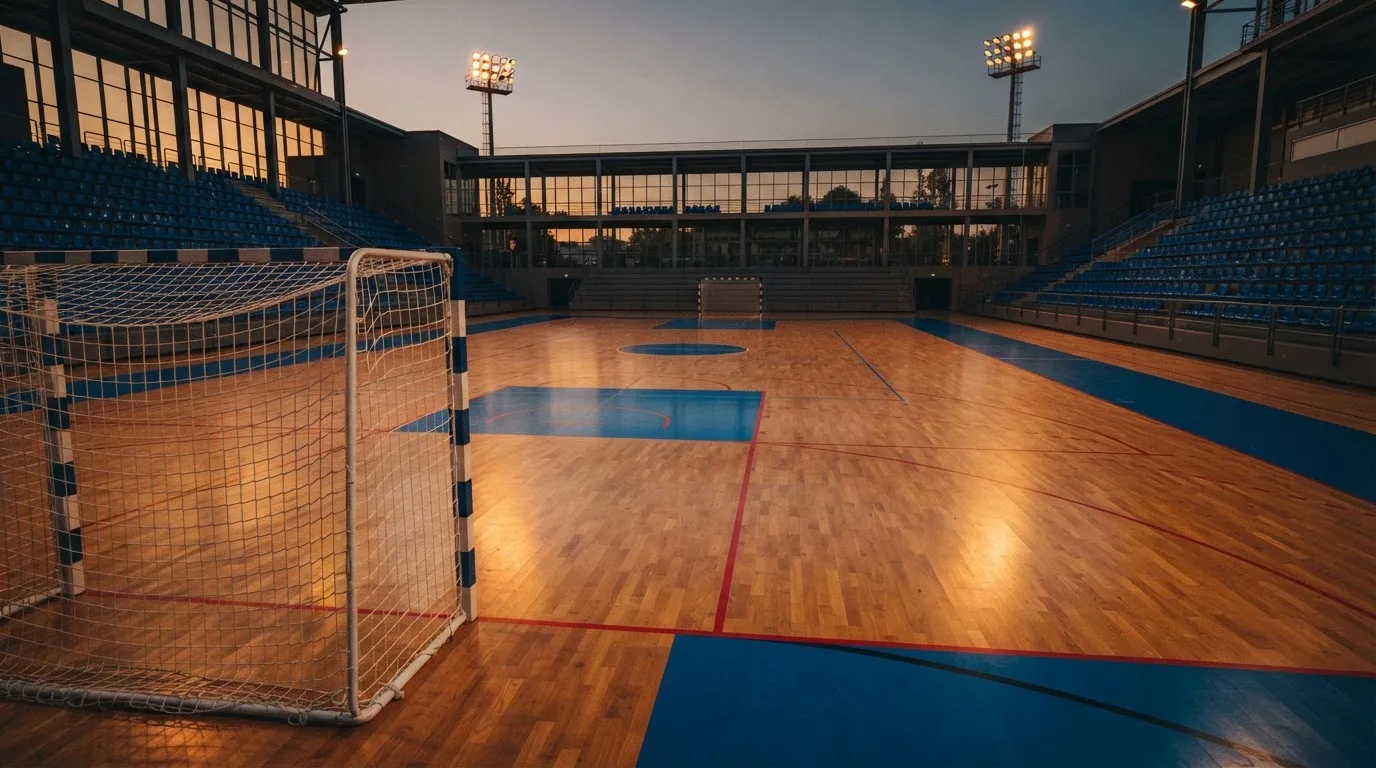 Un estadio de fútbol vacío con torres de iluminación al atardecer