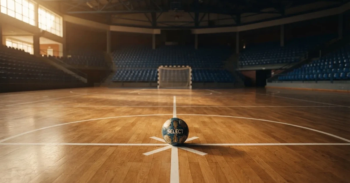 Un balón en el punto central de un campo de césped a la luz de la mañana
