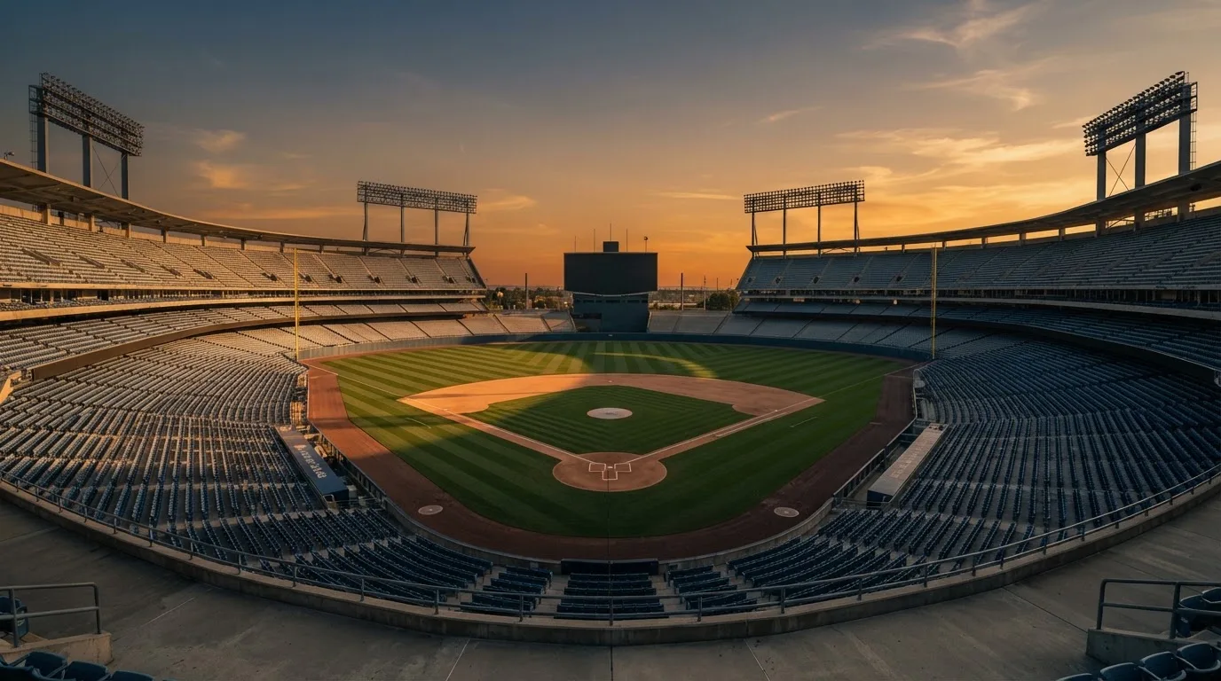 Un estadio de fútbol vacío con torres de iluminación al atardecer