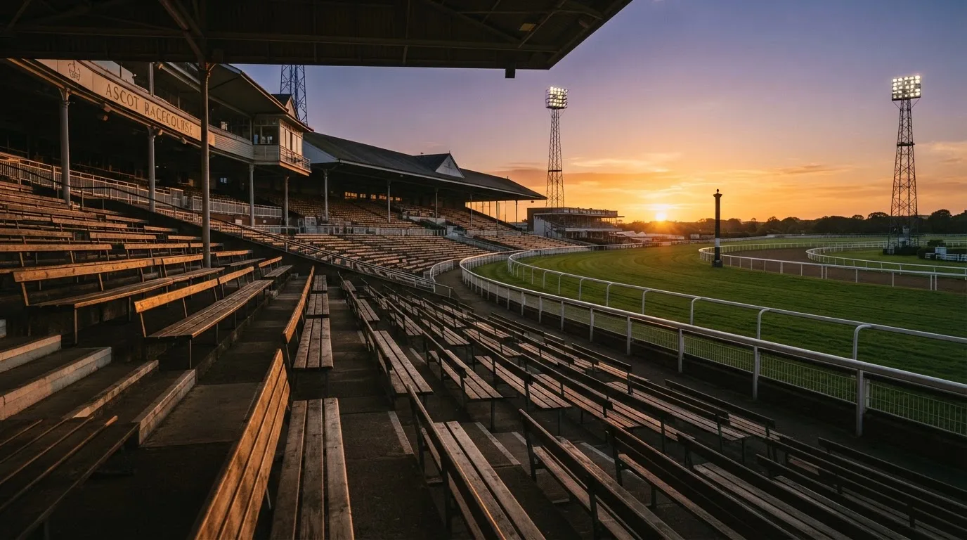 Un estadio de fútbol vacío con torres de iluminación al atardecer