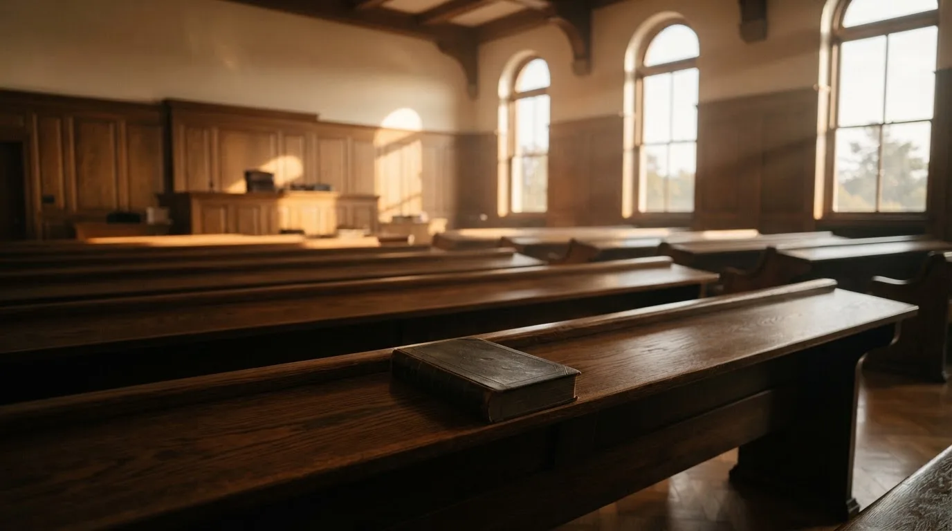 Una sala de tribunal vacía con bancos de madera a la luz de la mañana