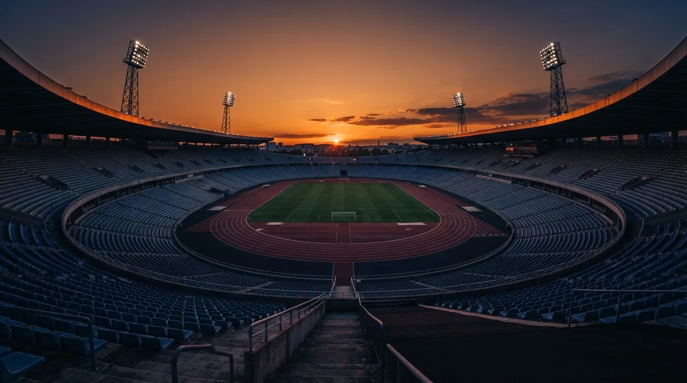 Un estadio de fútbol vacío con torres de iluminación al atardecer