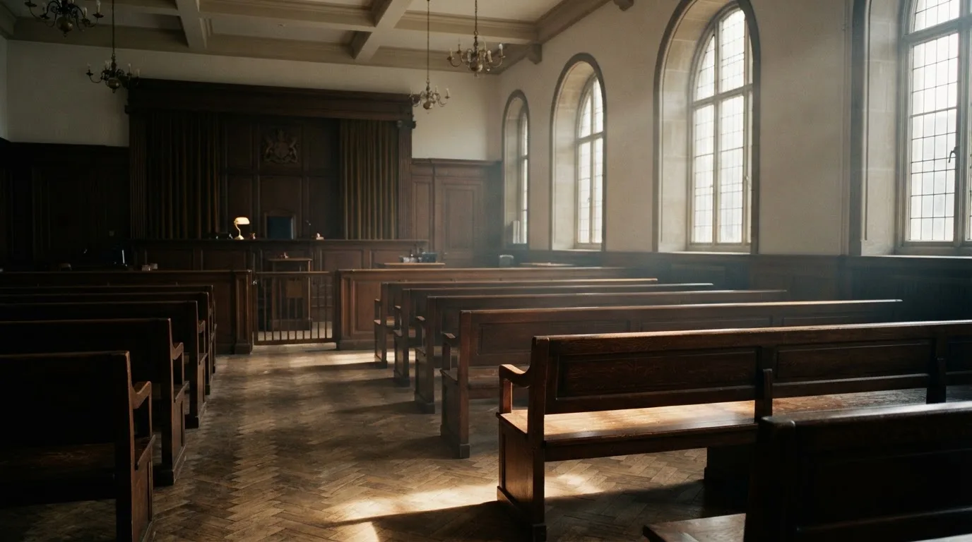 Una sala de tribunal vacía con bancos de madera a la luz de la mañana