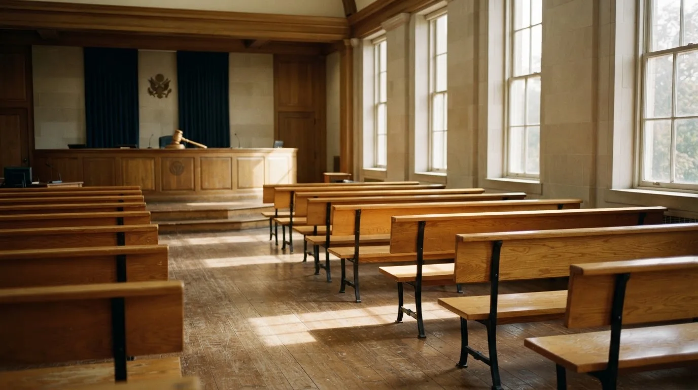 Una sala de tribunal vacía con bancos de madera a la luz de la mañana