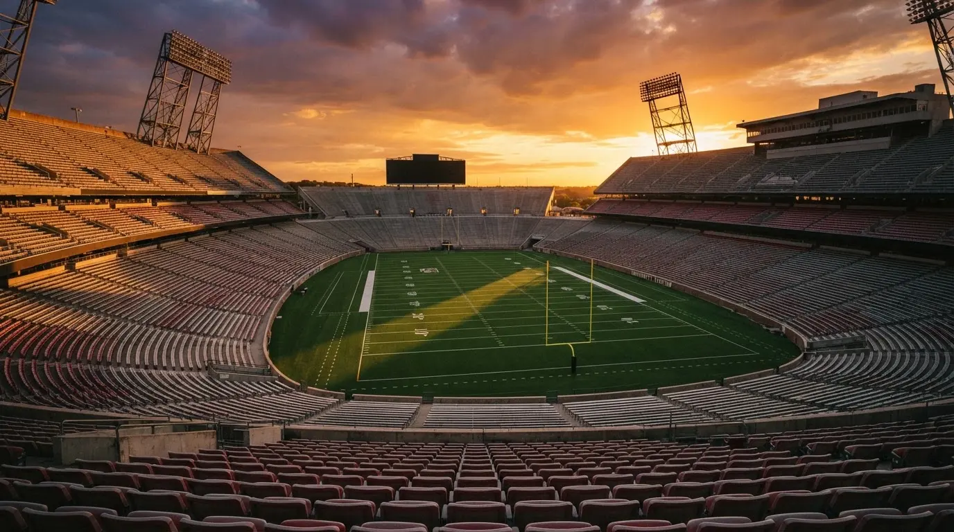 Un estadio de fútbol vacío con torres de iluminación al atardecer
