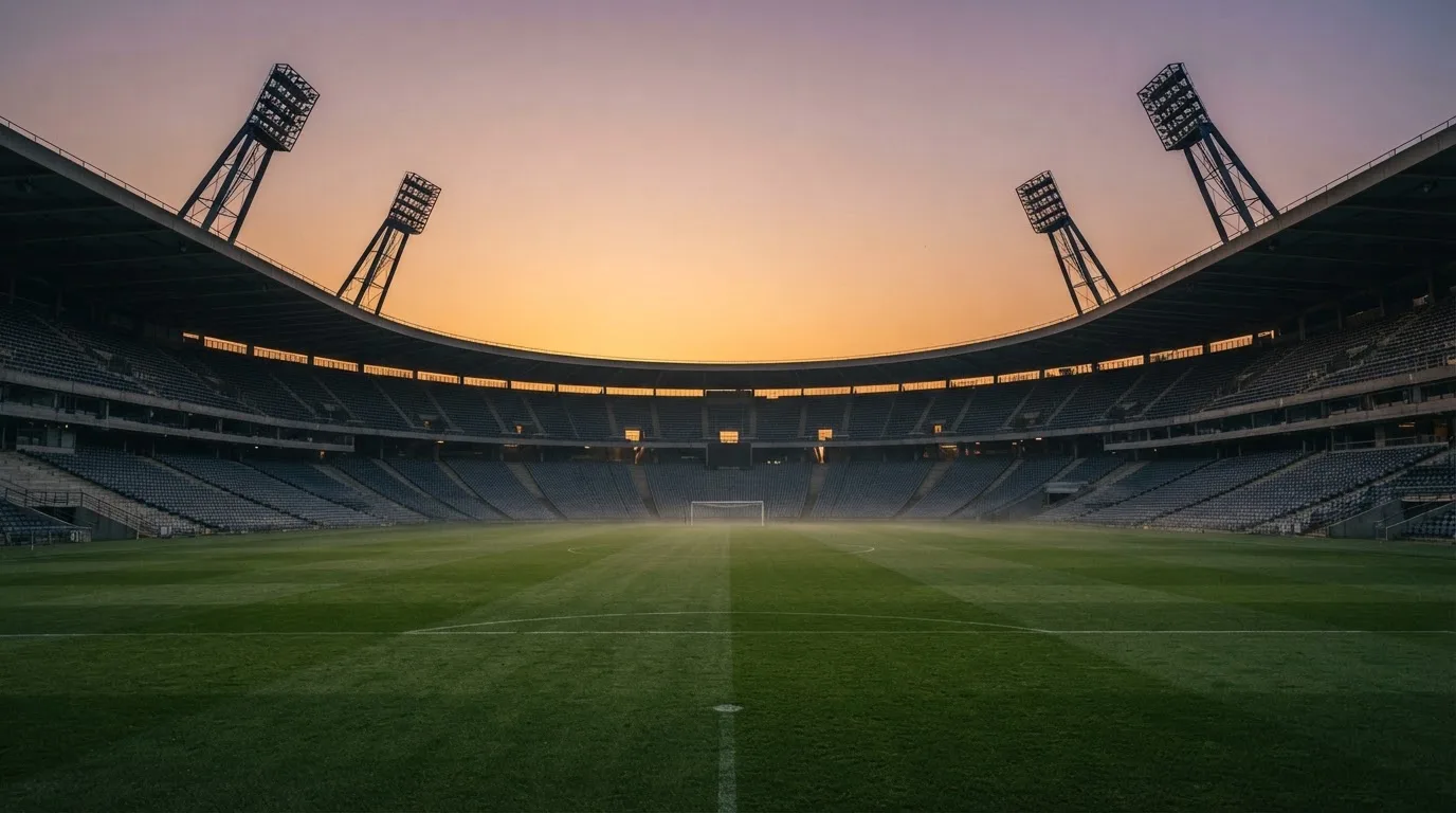 Un estadio de fútbol vacío con torres de iluminación al atardecer