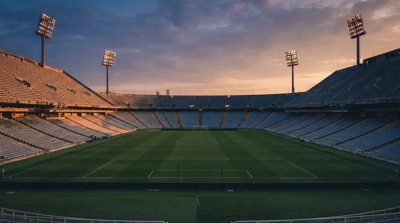 Un estadio de fútbol vacío con torres de iluminación al atardecer