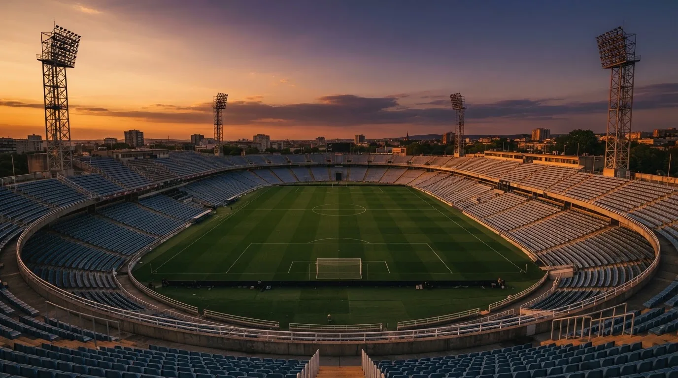 Un estadio de fútbol vacío con torres de iluminación al atardecer