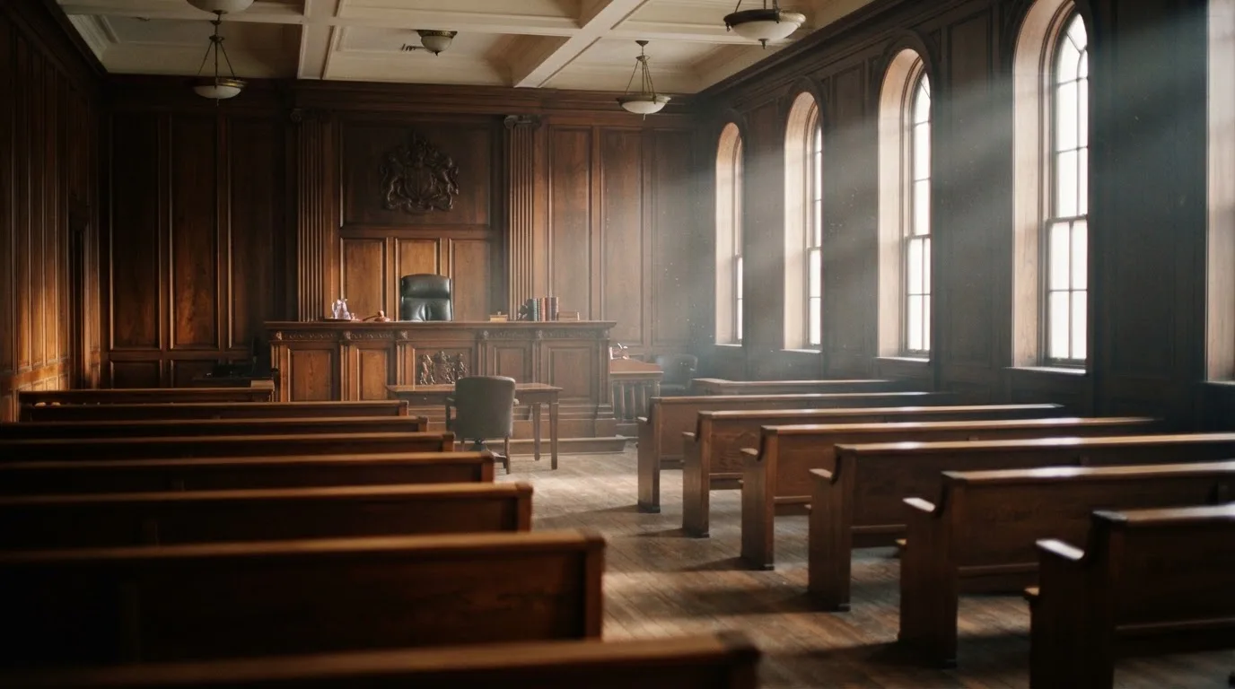 Una sala de tribunal vacía con bancos de madera a la luz de la mañana