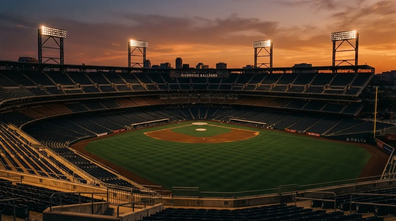 Un estadio de fútbol vacío con torres de iluminación al atardecer