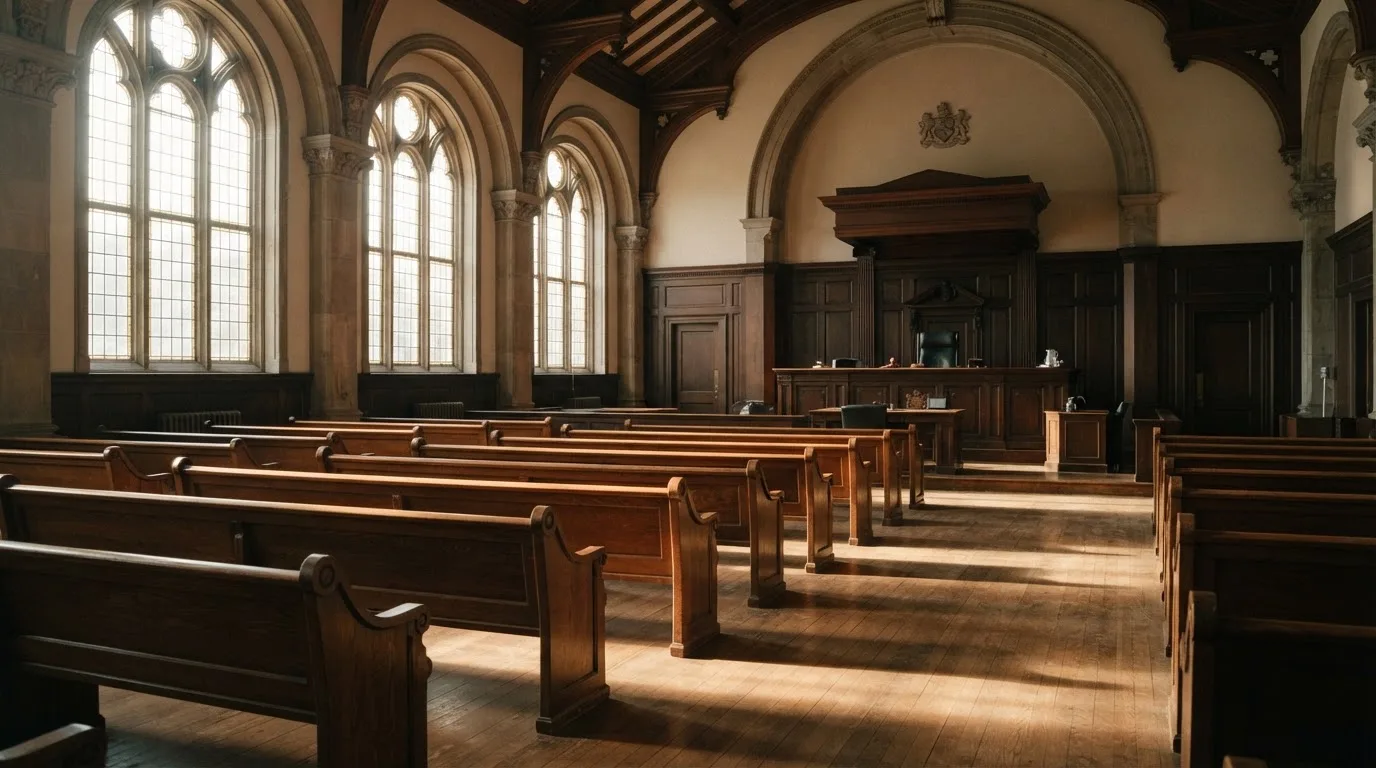 Una sala de tribunal vacía con bancos de madera a la luz de la mañana