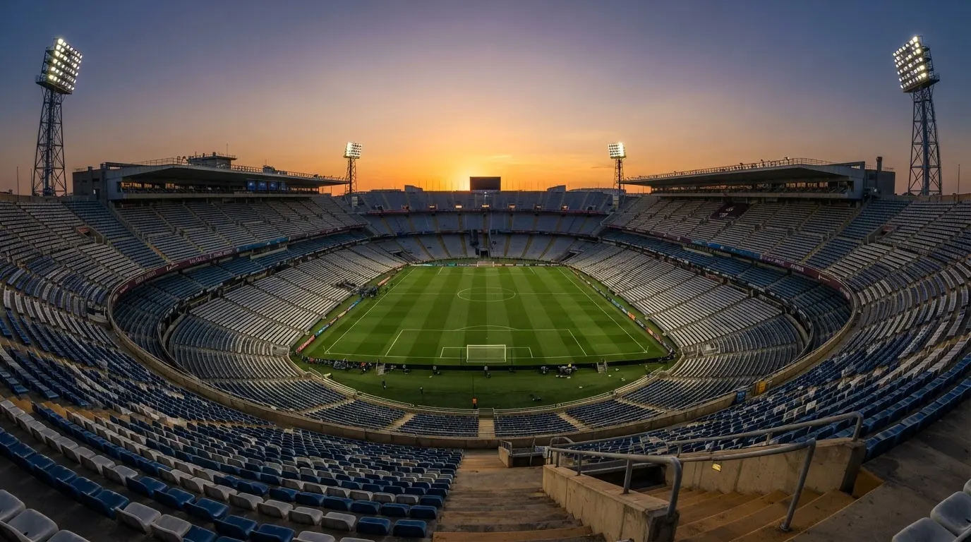 Un estadio de fútbol vacío con torres de iluminación al atardecer