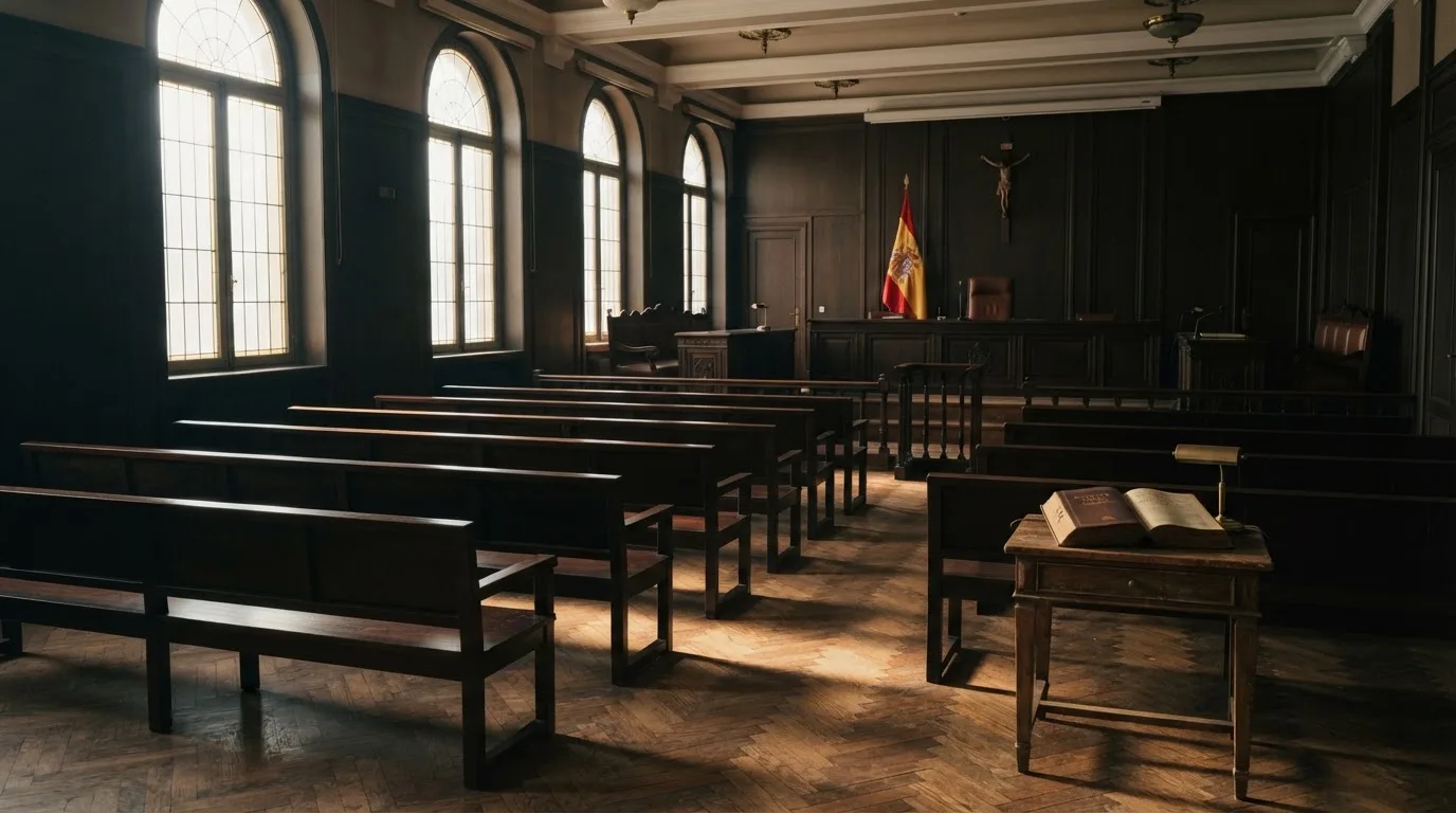 Una sala de tribunal vacía con bancos de madera a la luz de la mañana