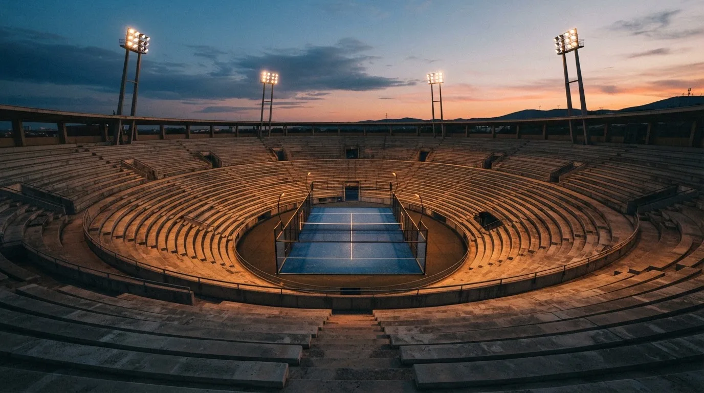 Un estadio de fútbol vacío con torres de iluminación al atardecer