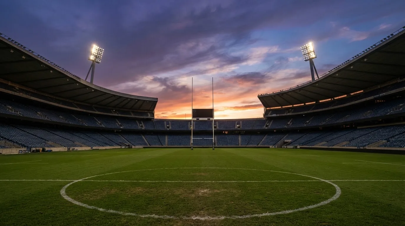 Un estadio de fútbol vacío con torres de iluminación al atardecer