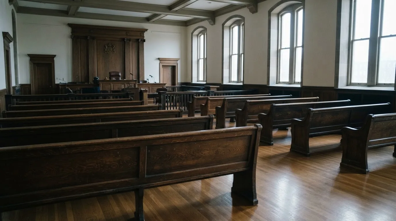 Una sala de tribunal vacía con bancos de madera a la luz de la mañana