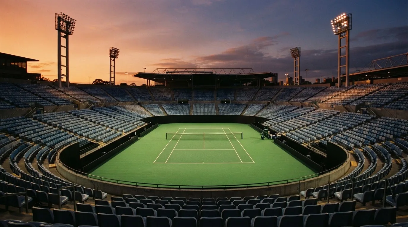Un estadio de fútbol vacío con torres de iluminación al atardecer