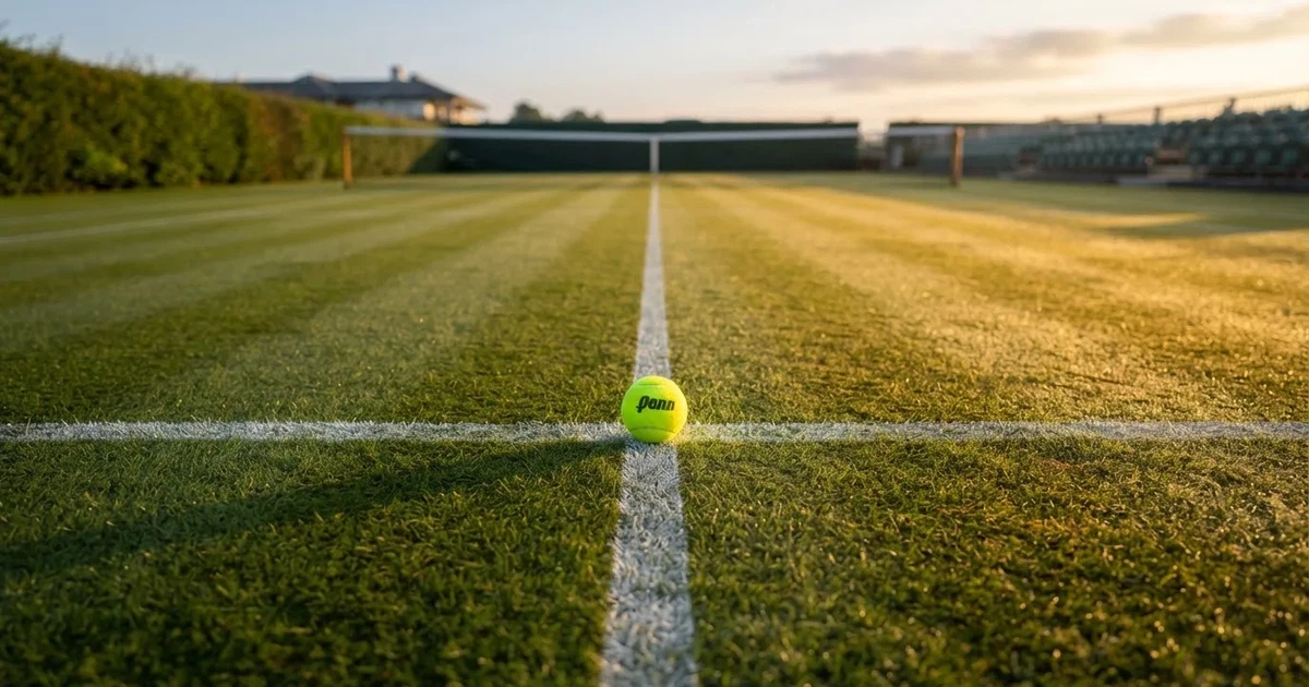 Un balón en el punto central de un campo de césped a la luz de la mañana