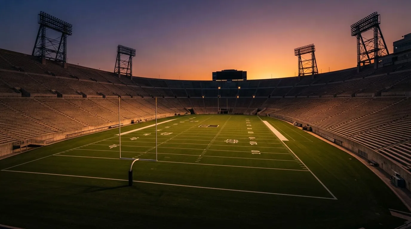 Un estadio de fútbol vacío con torres de iluminación al atardecer
