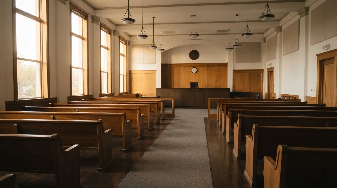 Una sala de tribunal vacía con bancos de madera a la luz de la mañana