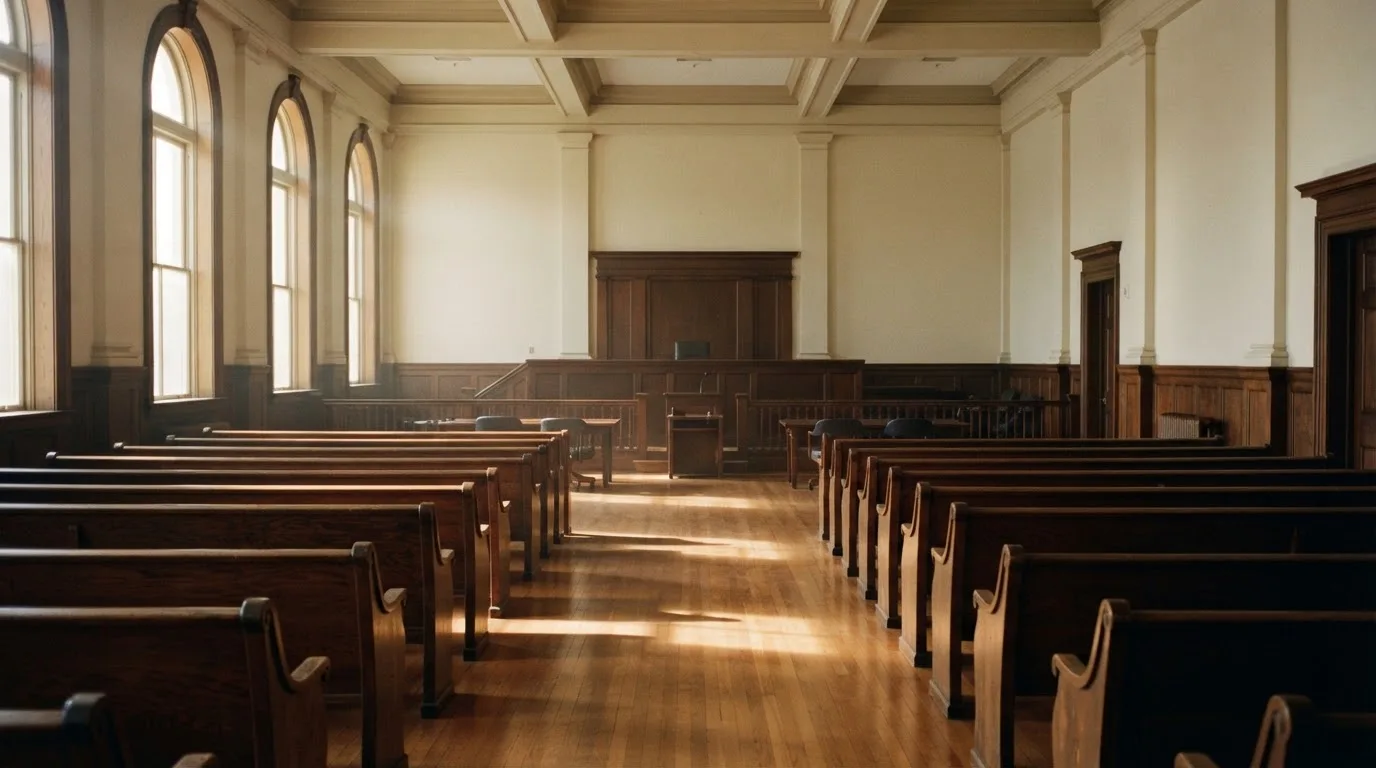 Una sala de tribunal vacía con bancos de madera a la luz de la mañana