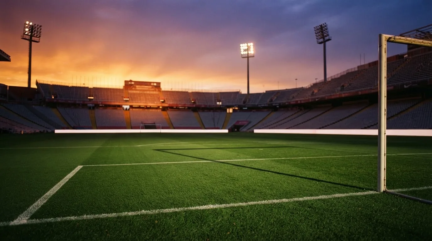 Un estadio de fútbol vacío con torres de iluminación al atardecer