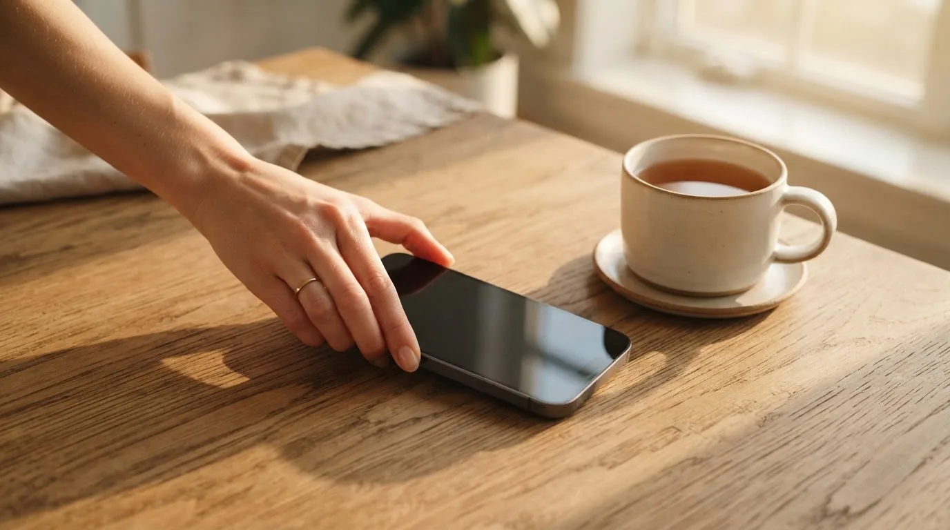 Una mano deja un móvil junto a una taza de té sobre la mesa de la cocina, una tarde tranquila
