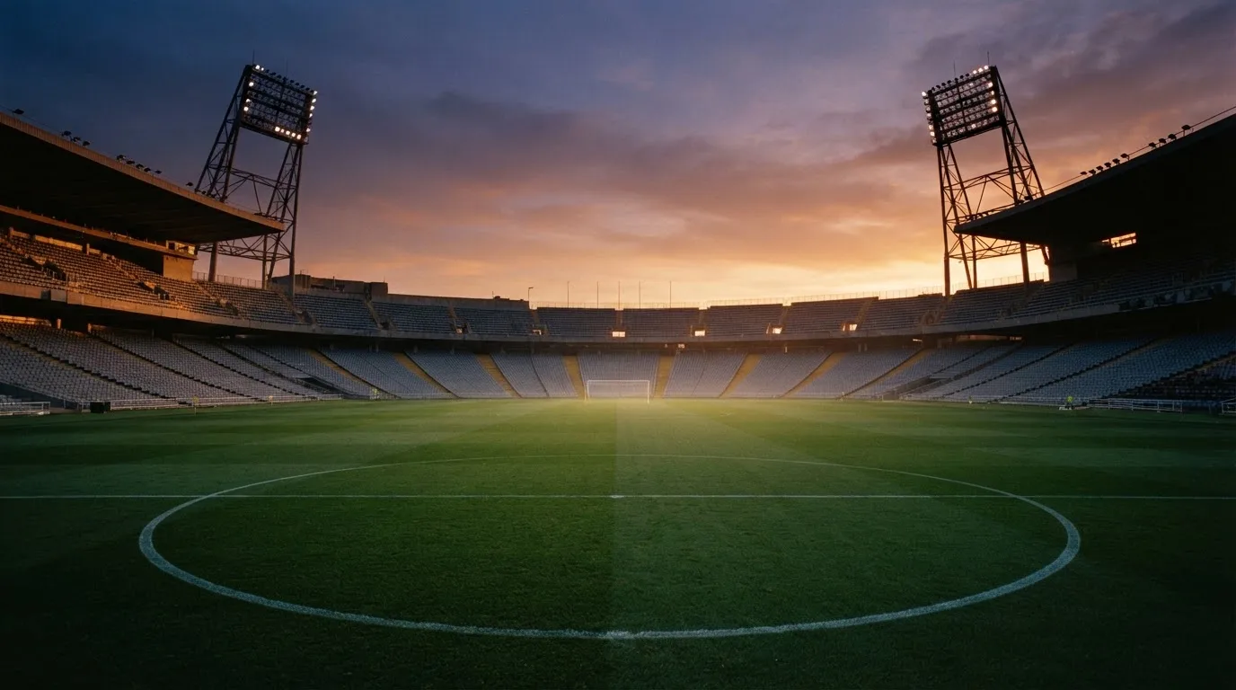 Un estadio de fútbol vacío con torres de iluminación al atardecer