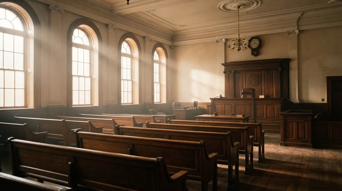 Una sala de tribunal vacía con bancos de madera a la luz de la mañana