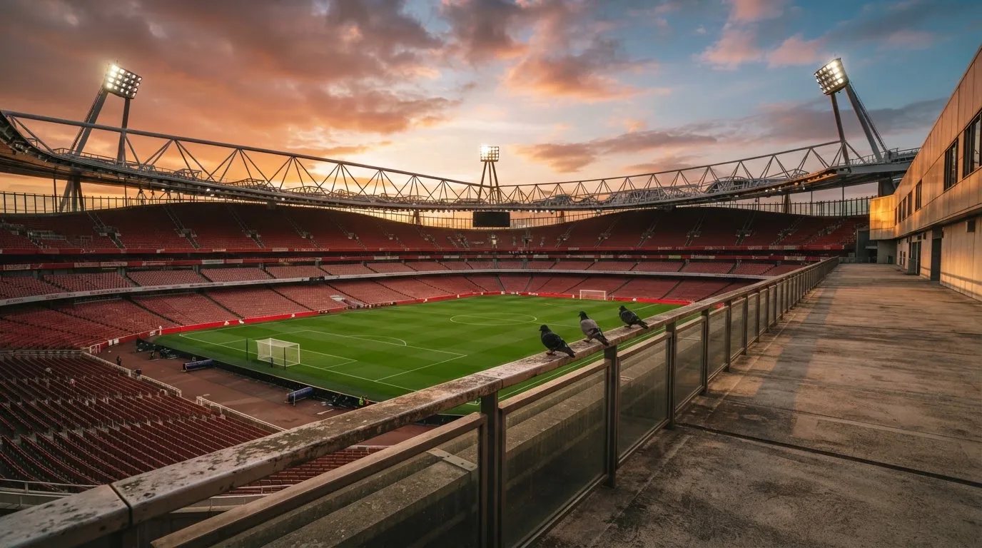 Un estadio de fútbol vacío con torres de iluminación al atardecer