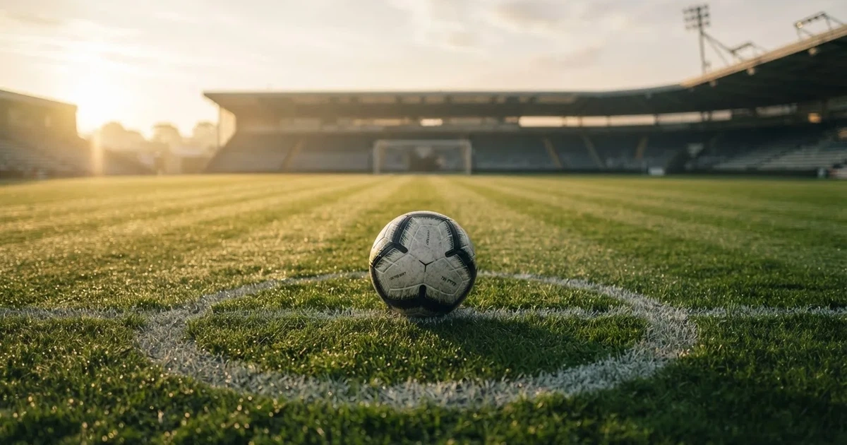 Un balón en el punto central de un campo de césped a la luz de la mañana