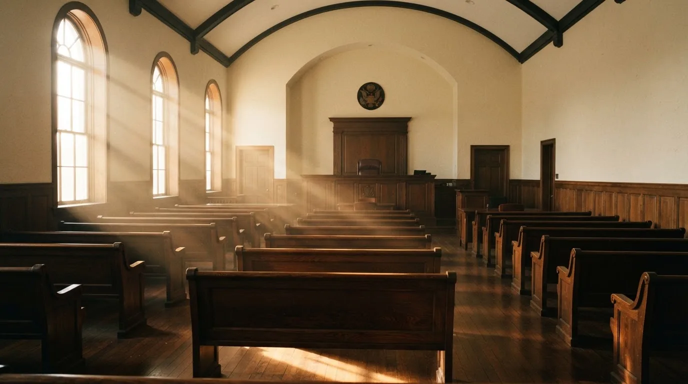 Una sala de tribunal vacía con bancos de madera a la luz de la mañana