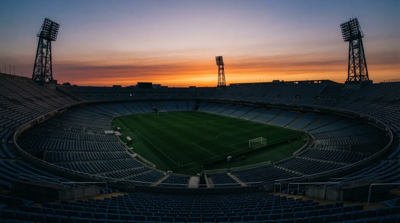 Un estadio de fútbol vacío con torres de iluminación al atardecer