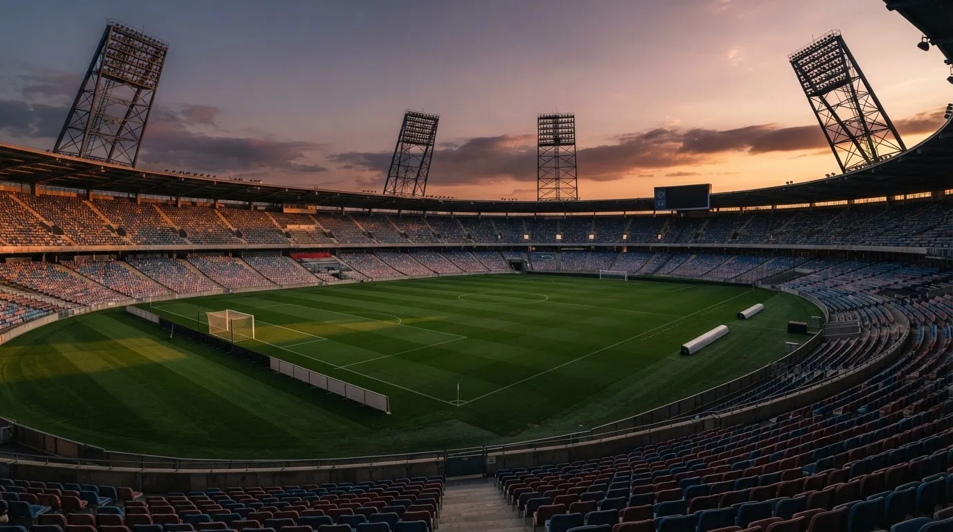Un estadio de fútbol vacío con torres de iluminación al atardecer