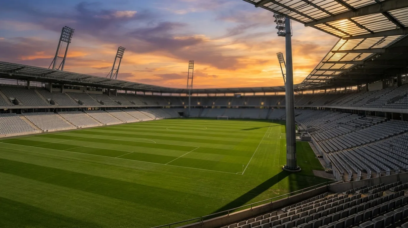 Un estadio de fútbol vacío con torres de iluminación al atardecer