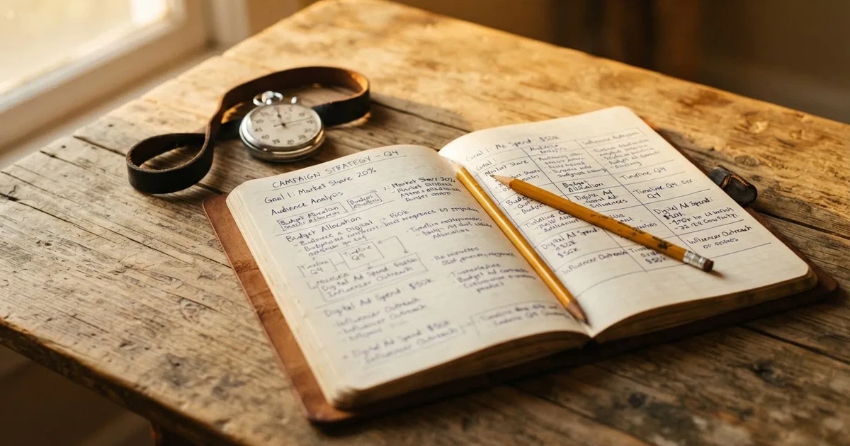 Un cuaderno abierto con un lápiz y un cronómetro sobre una mesa de madera