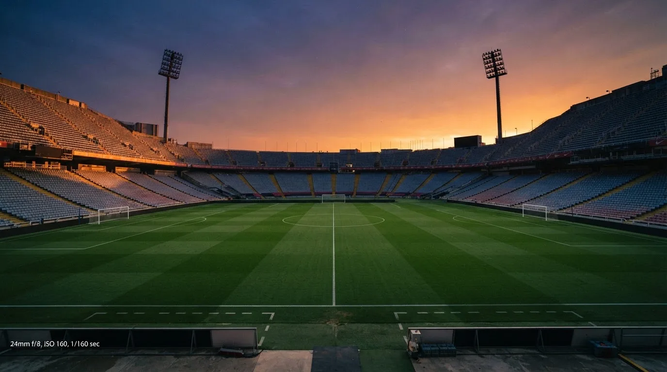 Un estadio de fútbol vacío con torres de iluminación al atardecer