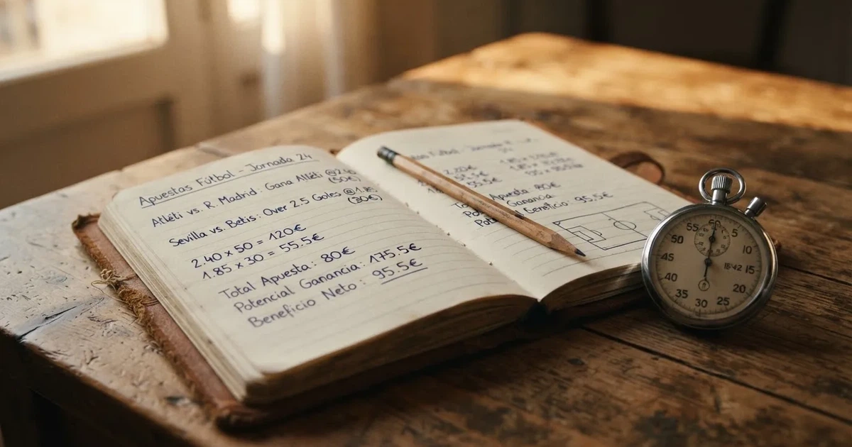 Un cuaderno abierto con un lápiz y un cronómetro sobre una mesa de madera