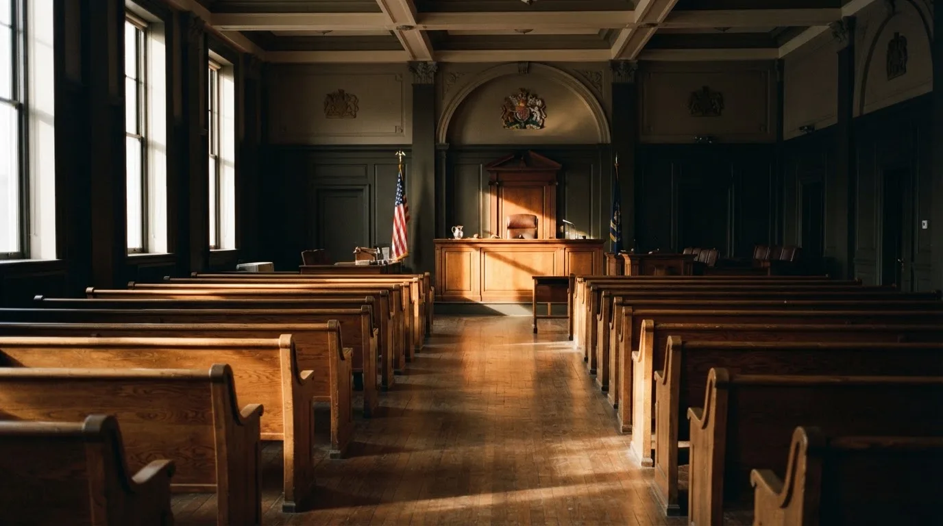 Una sala de tribunal vacía con bancos de madera a la luz de la mañana